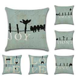 Vintage Blue Cushion Covers Linen Telephone Pole Bird Pillow Cover Sofa Bed Nordic Home Decorative Couples Love Pillow Case 45cm